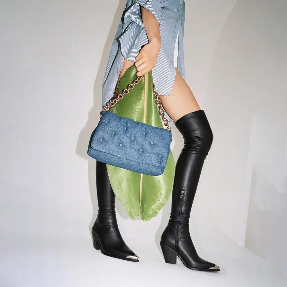 Women Black Synthetic Thigh High Slim Calf Block Chunky Heel Pointed Toe Boots